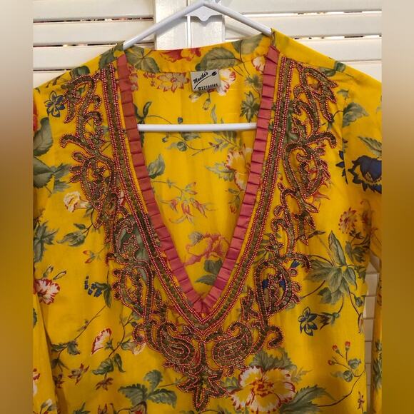 Vintage Manika Yellow Floral and Beaded Tunic Top Swim Cover - Picture 3 of 8